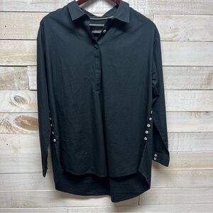 Anthropologie Black Tunic Top Long‎ Sleeve Collared V Neck Womens Medium Buttons